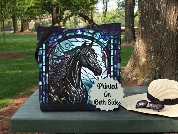 Black horse trendy tote bag-Majestic wildlife animal tote-large reusable bag-cute cool teacher tote-library book tote bag-Stylish Modern bag