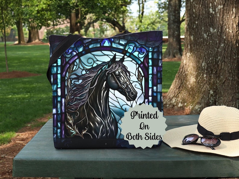 Black horse trendy tote bag-Majestic wildlife animal tote-large reusable bag-cute cool teacher tote-library book tote bag-Stylish Modern bag image 1