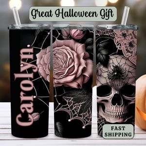 Personalized Skull Tumbler gift for Halloween, Custom Rose Skull Insulated Coffee Cup, Personal Spider Web Travel  Skinny Tumbler with Straw