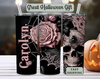 Personalized Skull Tumbler gift for Halloween, Custom Rose Skull Insulated Coffee Cup, Personal Spider Web Travel  Skinny Tumbler with Straw