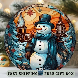 Snowman Christmas Ornament with date, Stained Glass Design Snowman keepsake Ornament, Holiday Season 2024 Ornament gift for snowman lover