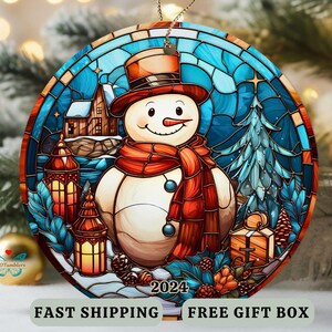 Snowman Christmas Ornament with date, Stained Glass Design Snowman keepsake Ornament, Holiday Season 2024 Ornament gift for snowman lover