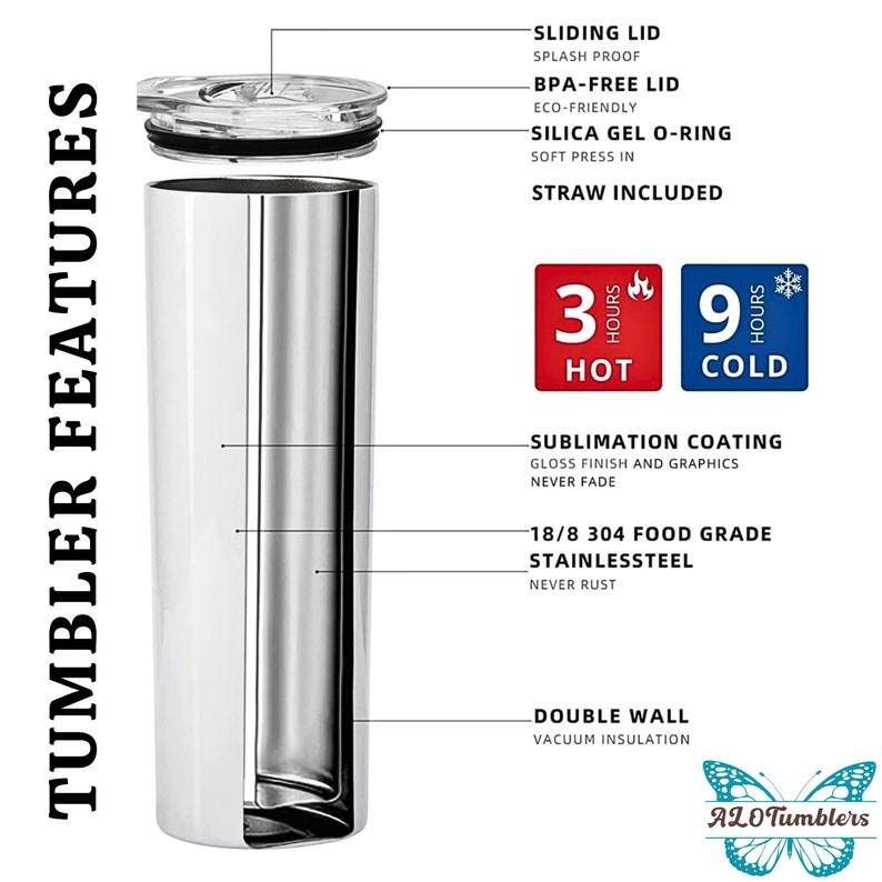 May include: A stainless steel tumbler with a double wall and vacuum insulation. It features a sliding lid, a BPA-free lid, a silica gel O-ring, and a straw. The tumbler is designed to keep drinks hot for 3 hours and cold for 9 hours. It has a sublimation coating for a gloss finish and graphics that won't fade. The tumbler is made of 18/8 304 food grade stainless steel and is rust-resistant.