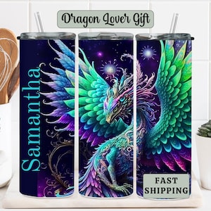 Personalized Colorful Dragon Tumbler, Custom Magical Fantasy Travel Coffee Cup, Enchanted Forest Tumbler with Straw gift for dragon lover