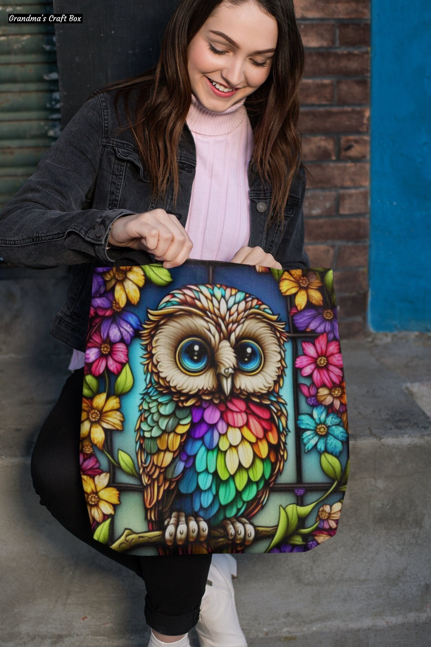 Colorful Owl tote bag, trendy 3D Ai design-large wildlife nature bag-small forest bird-medium vibran
