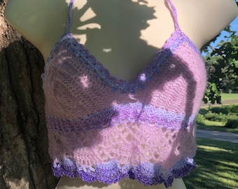 Fuzzy Lilacs Glitter Crocheted Boho Festival Halter Top