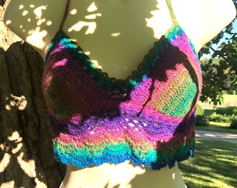 Cool Shades Rainbow Glitter Crocheted Boho Festival Halter Top