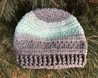Mint Green and Heather Gray Crocheted Cozy Warm Winter Beanie Hat