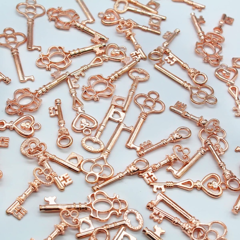 48 Assorted  Vintage  Metal Skeleton Keys RoseGold Finish