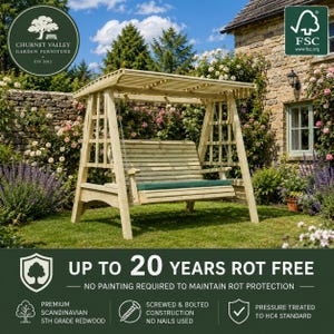 May include: A wooden garden swing seat with a slatted back and seat, featuring a pergola-style roof and a green cushion. The structure is made of light-coloured timber with a lattice design on the sides, suspended by metal chains.