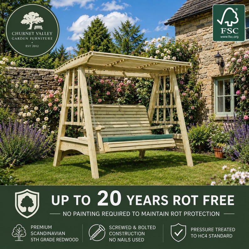 May include: A wooden garden swing seat with a slatted back and seat, featuring a pergola-style roof and a green cushion. The structure is made of light-coloured timber with a lattice design on the sides, suspended by metal chains.