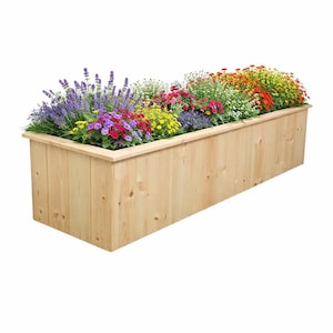 May include: A long, rectangular wooden planter filled with a vibrant mix of flowers. The flowers are a mix of purple, red, yellow, and orange. The planter is made of light-coloured wood and is suitable for a garden or patio.