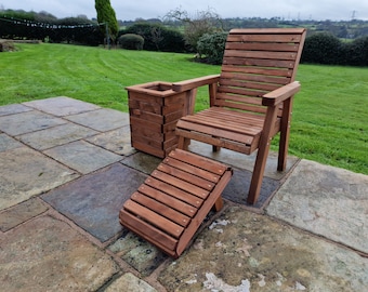 Wooden chair, planter and footstool