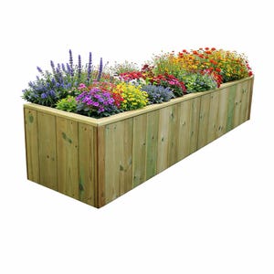 May include: A rectangular wooden planter box filled with a variety of colourful flowers. The flowers include purple, red, yellow, and pink blooms. The planter box is made of light green wood planks.