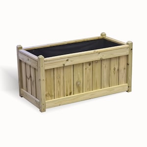 May include: A rectangular wooden planter box with a black liner. The planter is made of natural wood and has a simple, rustic design.