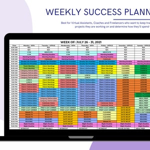 May include: A weekly success planner for virtual assistants, coaches, and freelancers. The planner is a digital document displayed on a laptop screen. The planner is divided into daily columns for Monday through Sunday, with time slots from 6:00 AM to 10:00 PM. Each time slot has a corresponding activity or task, such as "Morning Routine", "Client Deliverables", "Prep & Eat Dinner", "Wash TV", and "Night Routine".