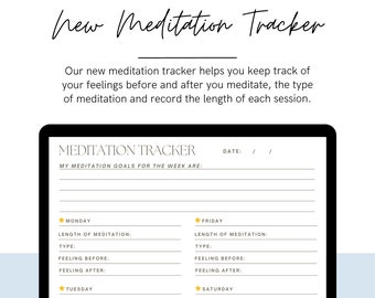 Puede incluir: Un rastreador de meditación imprimible en la pantalla de una computadora portátil. El rastreador incluye secciones para cada día de la semana, con espacio para registrar la duración de la meditación, el tipo de meditación y los sentimientos antes y después de meditar. El texto "MEDITATION TRACKER" está en la parte superior de la página.