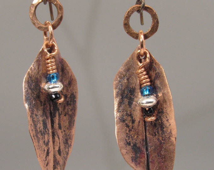Artisan crafted, hand forged hammered copper leaf earrings, contemporary jewelry for women, bead accent