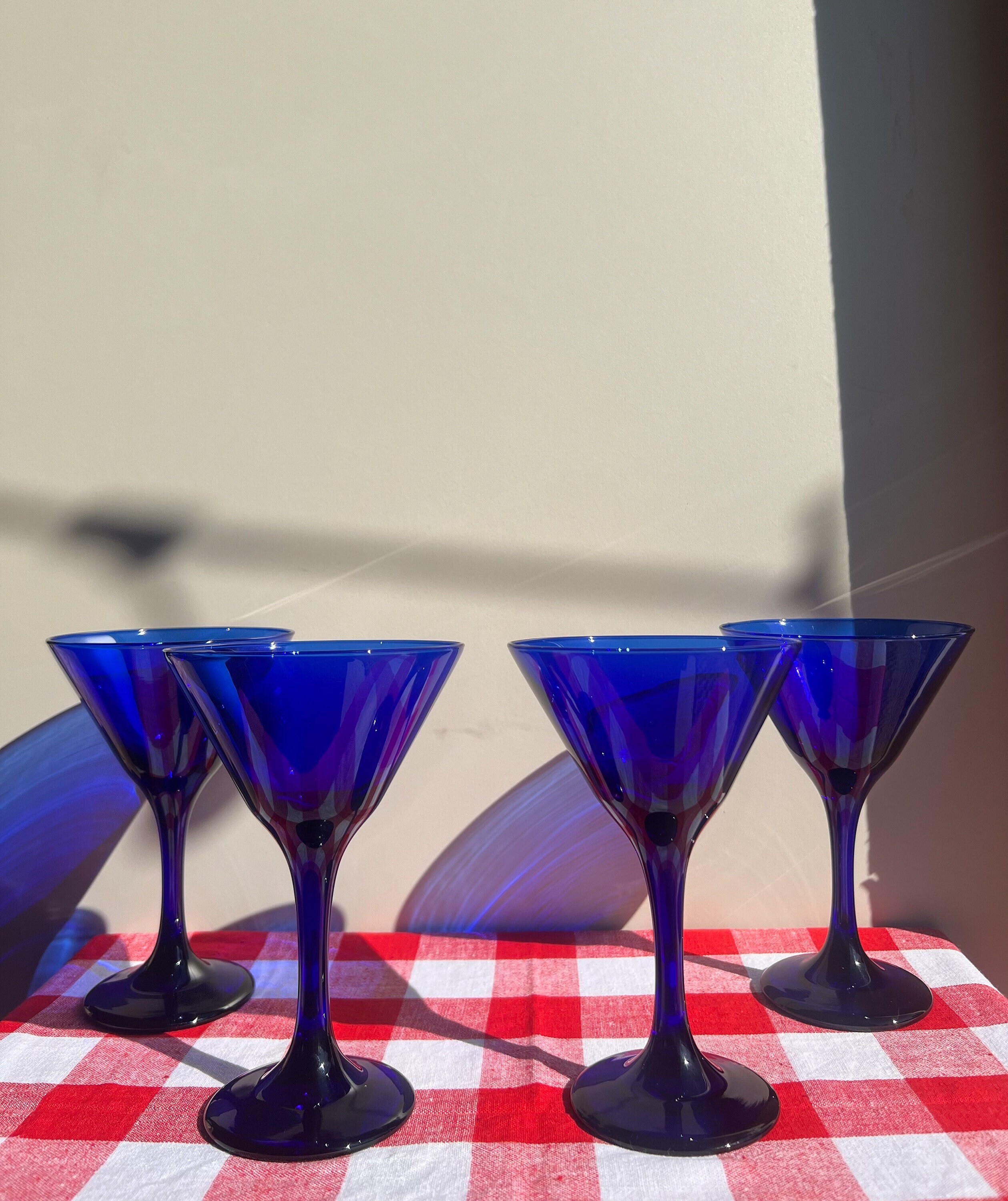 Vintage blue stem martini glasses / set of four 4/ cobalt blue barware /  cocktail glasses / 90s