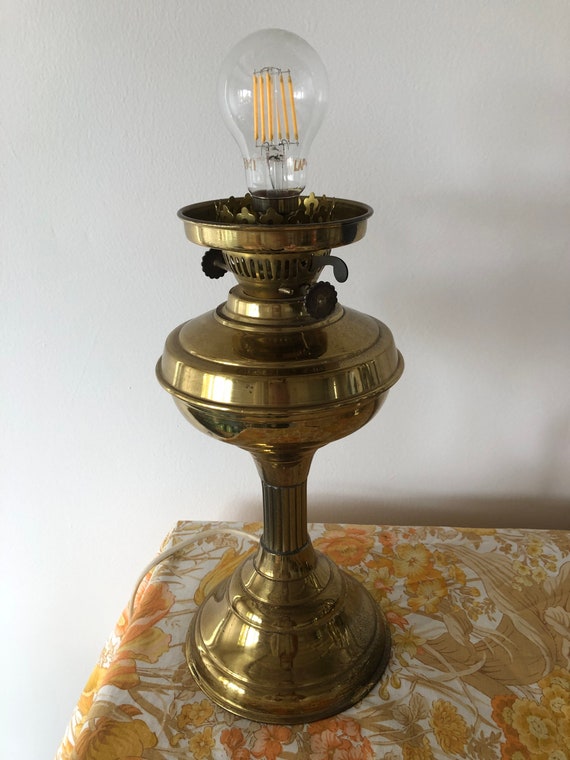 Vintage Brass Oil Lamp Electric Conversion Working Patina Etsy