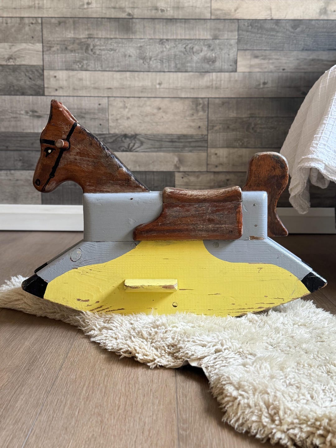 Rustic Toy Vintage 1959s Wooden Rocking Horse Toy – Hand-painted Folk Art Style ...
