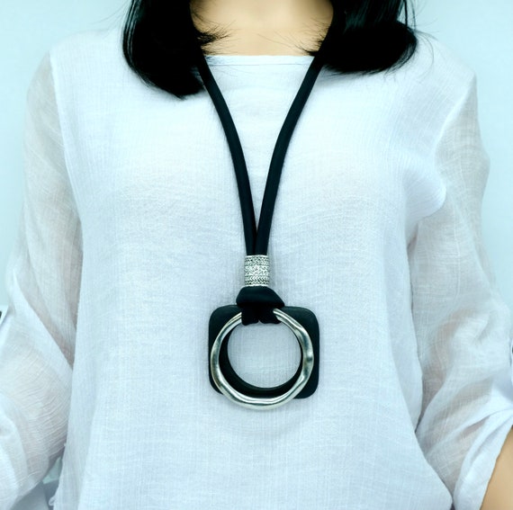 Chunky Statement Necklace: Funky Wood Pendant, Long Soft Rubber Cord