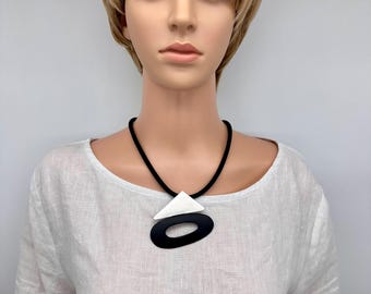 Black & Silver Geometric Necklace: Rubber Chain, Lightweight Pendant