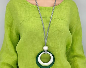 Dark Green Pendant Necklace: Statement Jewelry, Long Chain