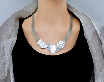 Stunning elegant wide mesh necklace with wavy pendant. Statement necklace, bold necklace.