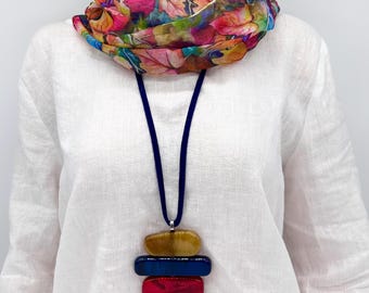 Chunky Multicoloured Statement Necklace: Bold Pendant, Faux Suede Cord