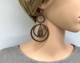 Multi Ring Dangle Earrings: Antique Bronze, Copper, Stainless Steel Hooks