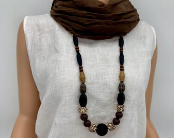 Brown Wood Beaded Statement Necklace: Chunky Boho Design