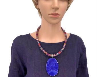 Large Blue Pendant Necklace with Colorful Ethnic Cord – Statement Jewelry