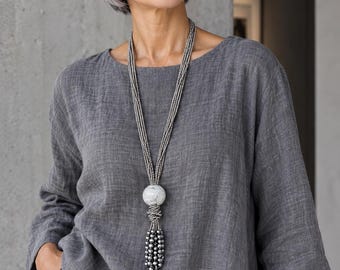 Grey Beaded Chain Statement Necklace, Bold Pendant