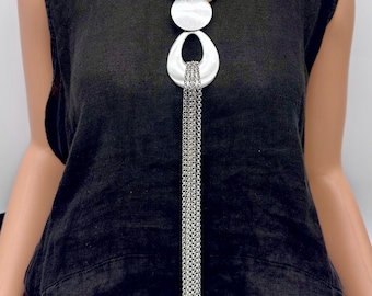 Statement Chain Dangle Necklace, Silver Tone Pendant, bold necklace