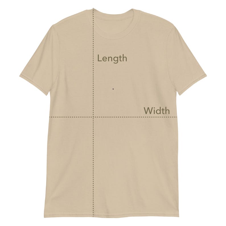 May include: A tan-colored t-shirt with the words "Length" and "Width" overlaid on the shirt. Dotted lines indicate measurement points. The shirt is made of a soft material and has short sleeves.