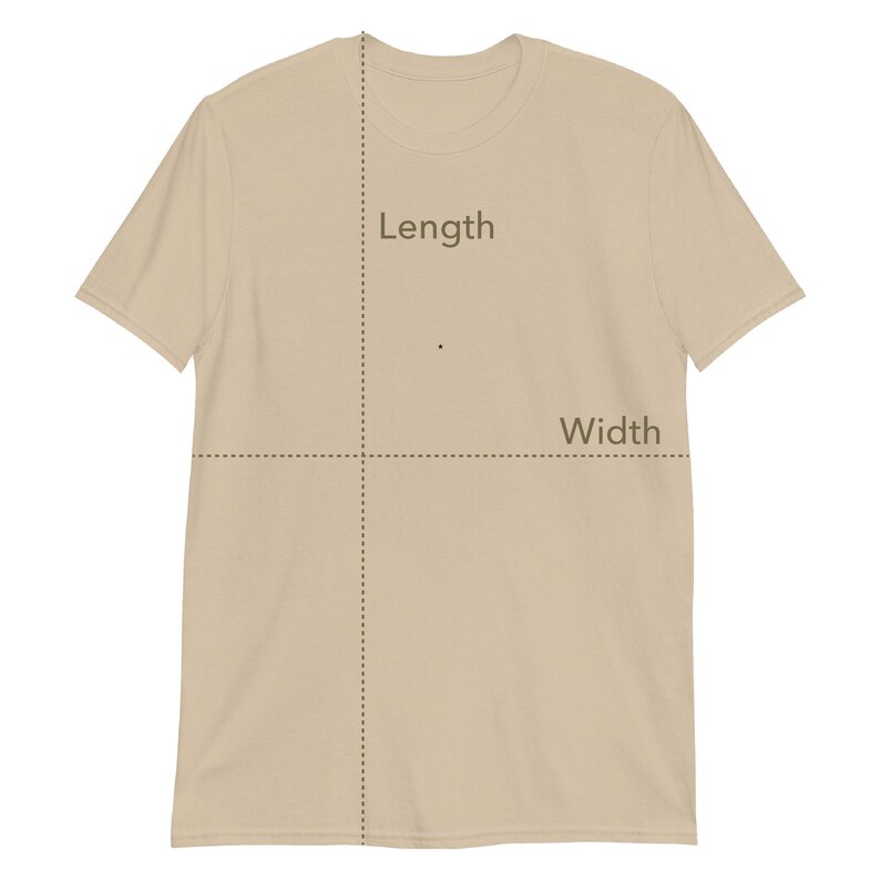May include: A tan-colored t-shirt with the words "Length" and "Width" overlaid on the shirt. Dotted lines indicate measurement points. The shirt is made of a soft material and has a crew neck.
