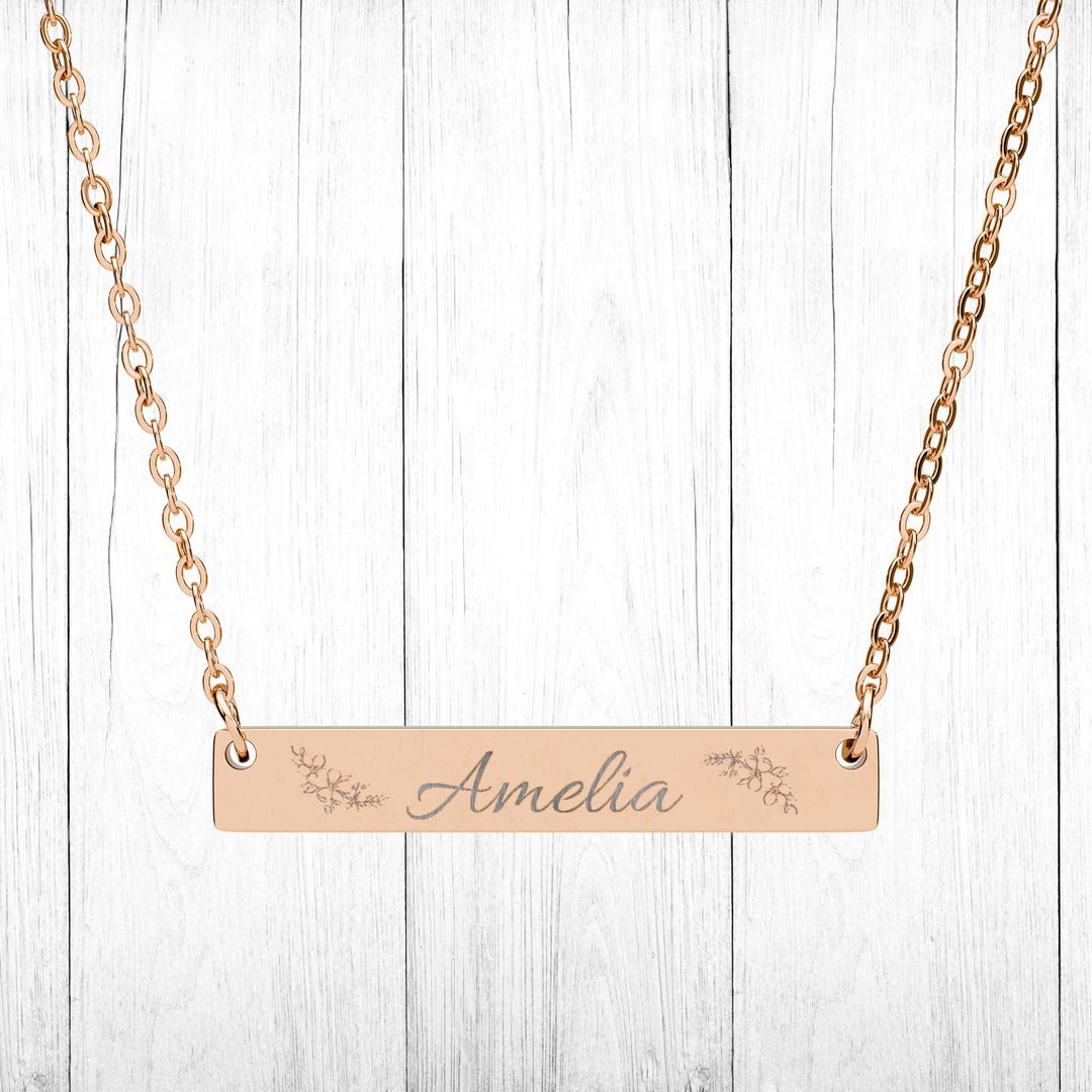 Script Engraving Jewelry Engraved Script Name Horizontal Bar Necklace | 18K Gold PVD, Rose Gold ...