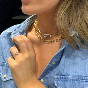 Set Of 2 Stackable Necklaces, Big Chains Necklace, Gourmet Chain In Yellow Gold, Diamond Necklace, Paperclip Chain Necklace, Link Chain Set