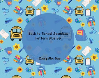 Naadloos terug-naar-schoolpatroon: blauw digitaal ambachtelijk papier (digitale png-download 12 x 12