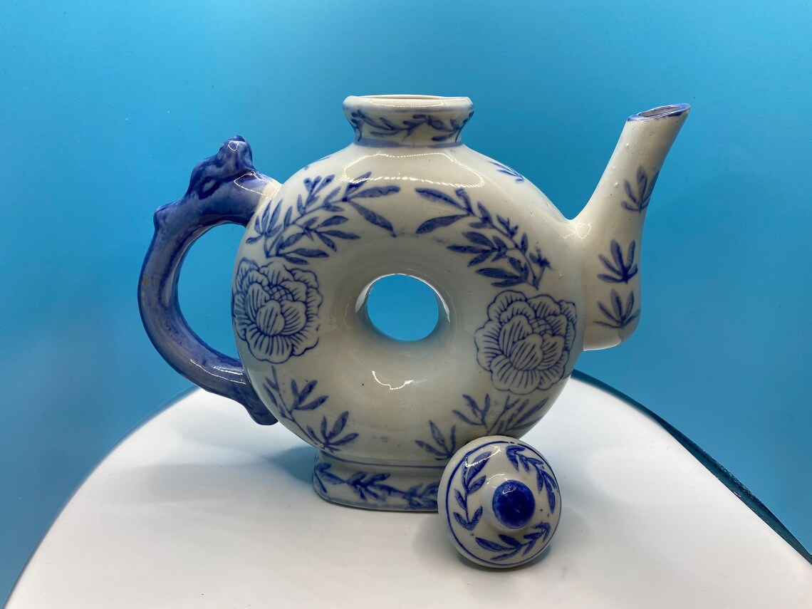 Antique Ceramic Blue and White Donut Teapot Etsy