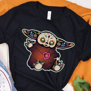 Camisa Baby Yoda, Camiseta Mexicana del Día de los Muertos, Día de Muertos, Regalo de Esqueleto de Halloween, Top Latina, Calavera de Azúcar, Camisa Negra de Ciencia Ficción