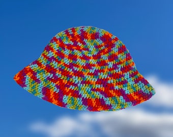 Rainbow Crochet Bucket Hat, Colorful Summer Hat, Flat Brim Bucket Hat, Multicolor Summer Hat