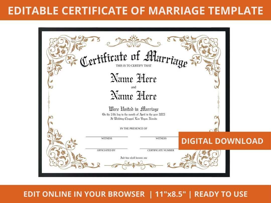 Plantilla de certificado de matrimonio editable Certificado - Etsy México