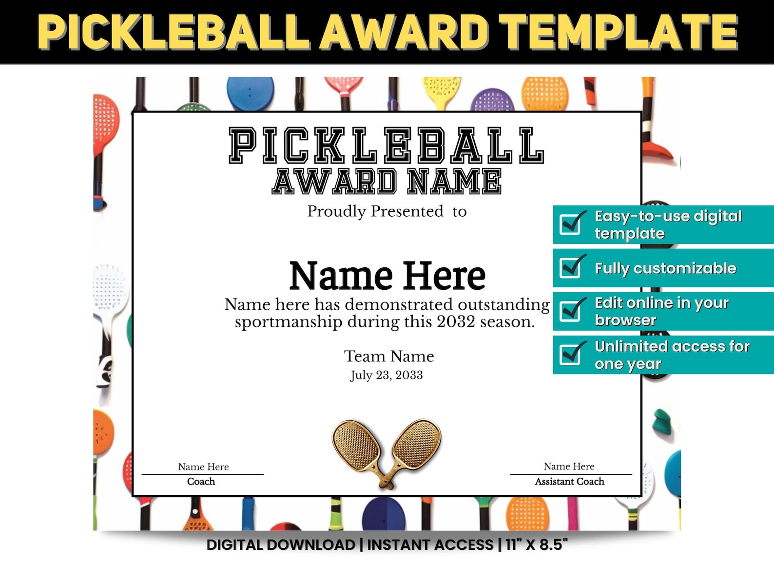 Pickleball Certificate Template Editable Pickleball Template Etsy UK