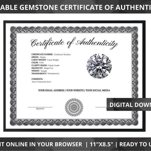 Jewelry Certificate of Authenticity Template Etsy Jewelry Certificate of Authenticity Template Etsy