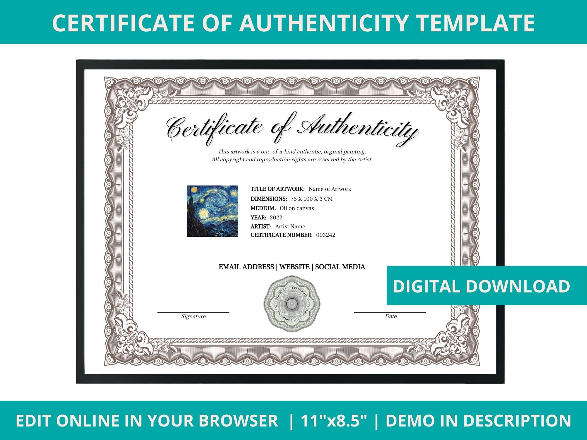 Artiste Peintre Certificat D authenticité A Telecharger Gratuit Art certificat authenticité - Etsy Canada
