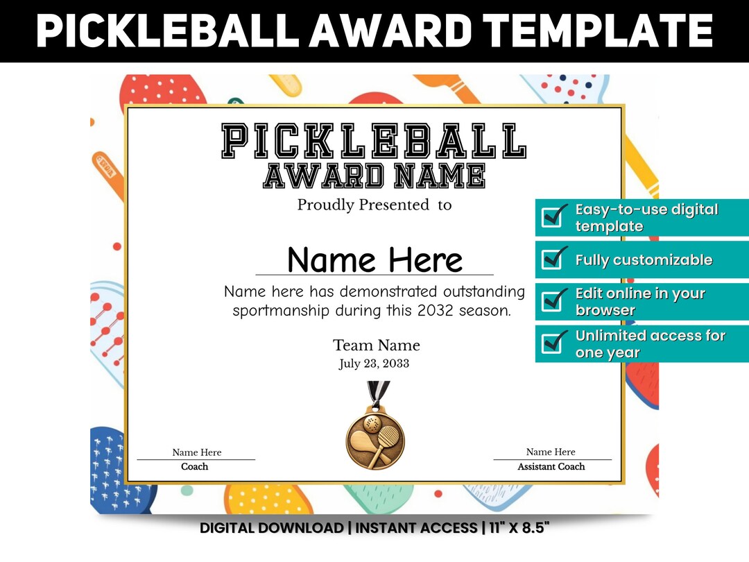 Modern Pickleball Certificate Editable Pickleball Template Etsy