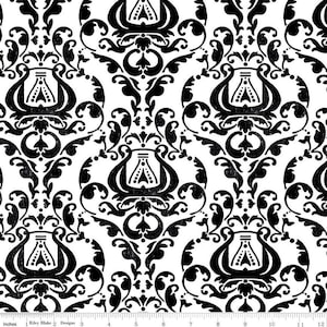 May include: Black and white damask pattern fabric with a repeating design of a stylized vase with a floral motif. The fabric has a textured, distressed look.