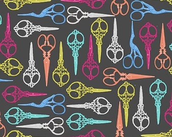 Handmade with Love by Patty Rybolt - Charcoal Scissors - Mfg Blank Quilting - Mfg # 1769-95 - Premium Cotton Fabric - Sold by Half Yard Cuts